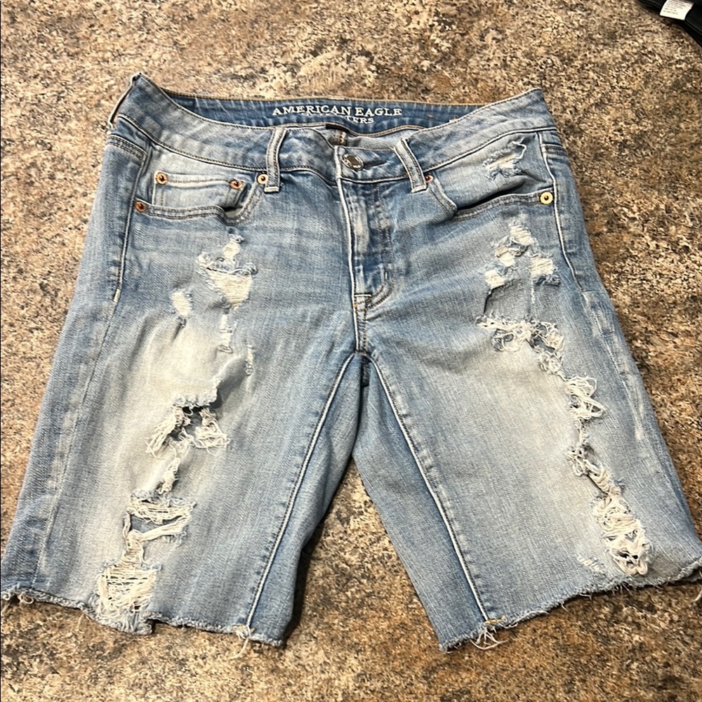 American Eagle Outfitters Blue Jean Shorts with Distressing and Frayed Hem